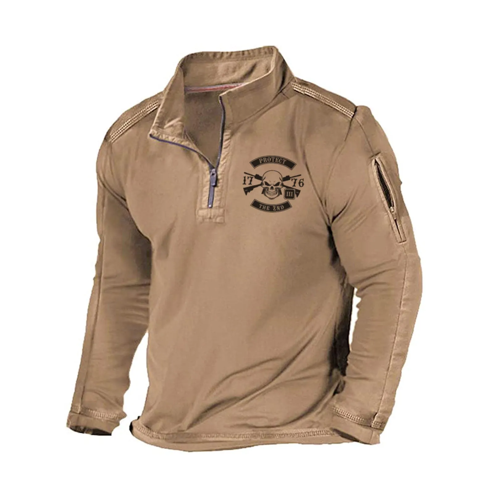 1776 SKULL STAND COLLAR ZIPPER POCKET GRAPHIC SWEATSHIRT