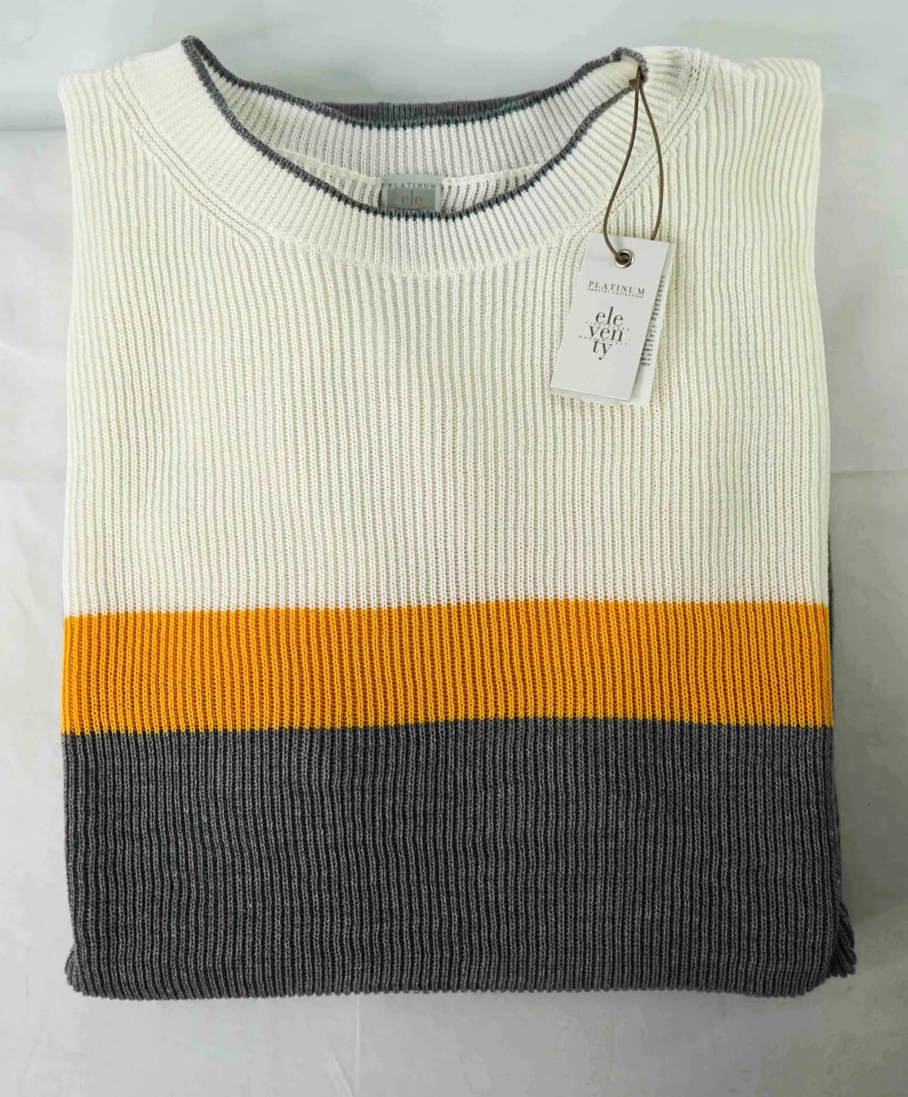 $395 ELEVENTY - Ivory/Yellow/Gray Crewneck Premium Short Sleeve Sweater - M