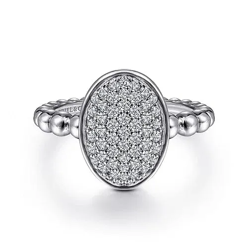 925 Sterling Silver Oval Signet Ring with White Sapphire Pave