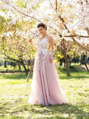 A-line Scoop Neck Floor Length Sleeveless Long Tulle Prom Dresses/Evening Dress With Appliques OHC287