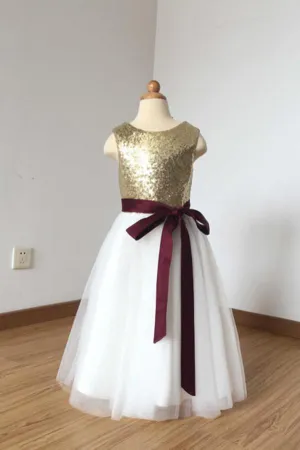 A Line Sleeveless Simple Scoop Sequins Tulle Sash Flower Girl Dress OHR029