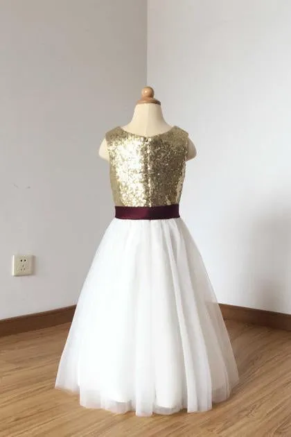 A Line Sleeveless Simple Scoop Sequins Tulle Sash Flower Girl Dress OHR029