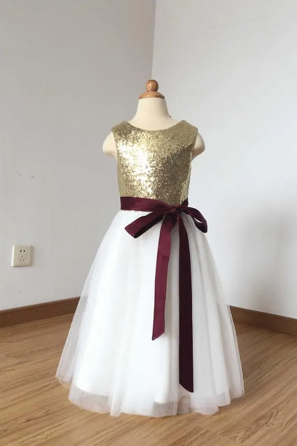 A Line Sleeveless Simple Scoop Sequins Tulle Sash Flower Girl Dress OHR029