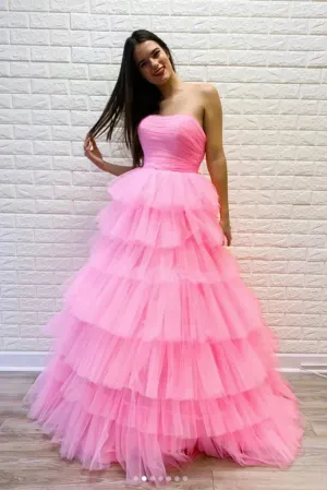 A Line Strapless Sleeveless Floor Length Layered Long Pink Tulle Prom Dresses  Formal Dress OHC327