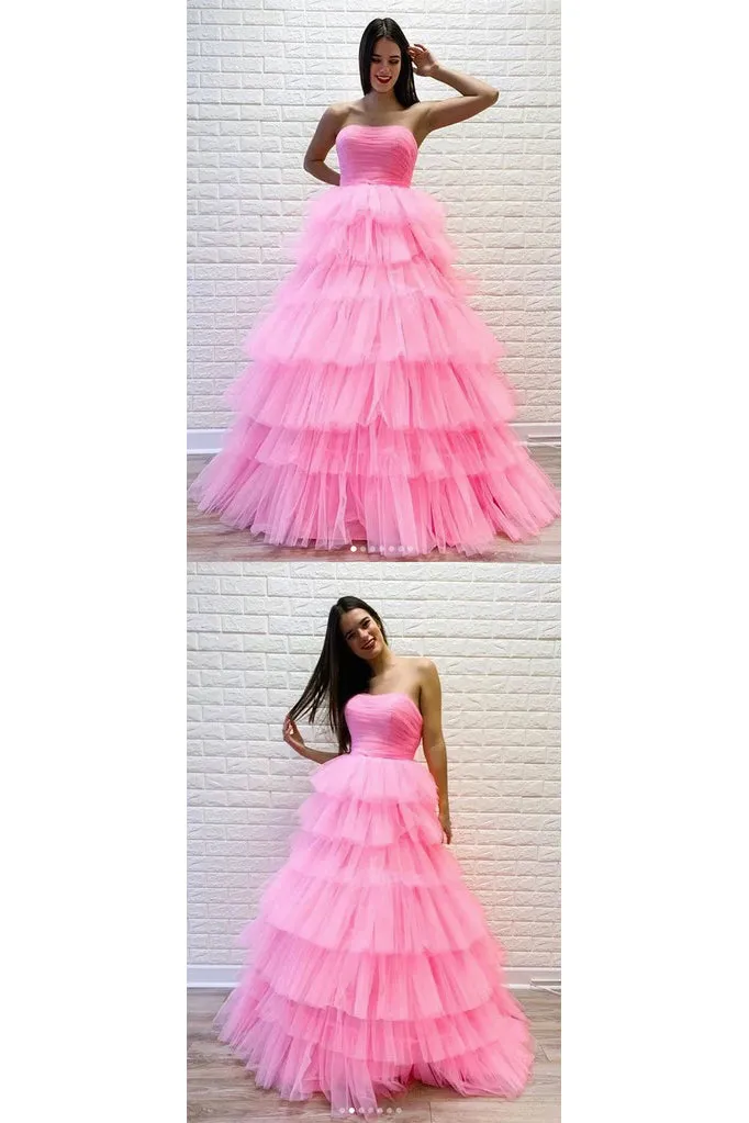 A Line Strapless Sleeveless Floor Length Layered Long Pink Tulle Prom Dresses  Formal Dress OHC327