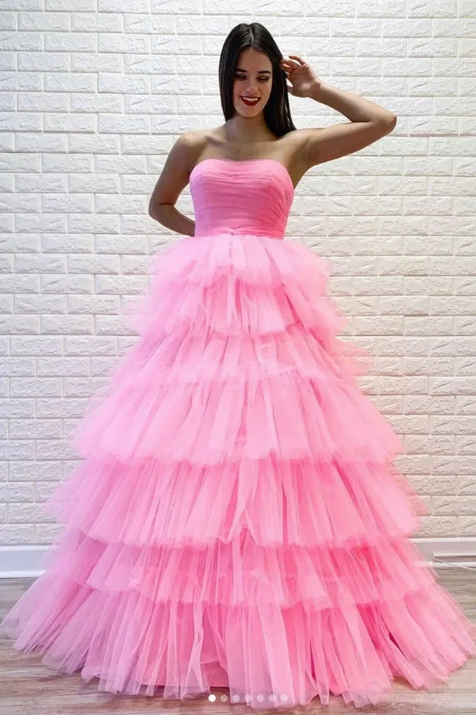 A Line Strapless Sleeveless Floor Length Layered Long Pink Tulle Prom Dresses  Formal Dress OHC327