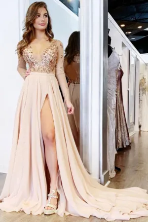 A-Line V-Neck Open Back Long Sleeves Light Champagne Long Prom Dress with Sequins Split LPD087