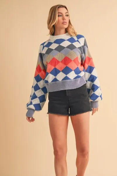 Aemi   Co Diamond Mock Neck Raglan Sleeve Sweater