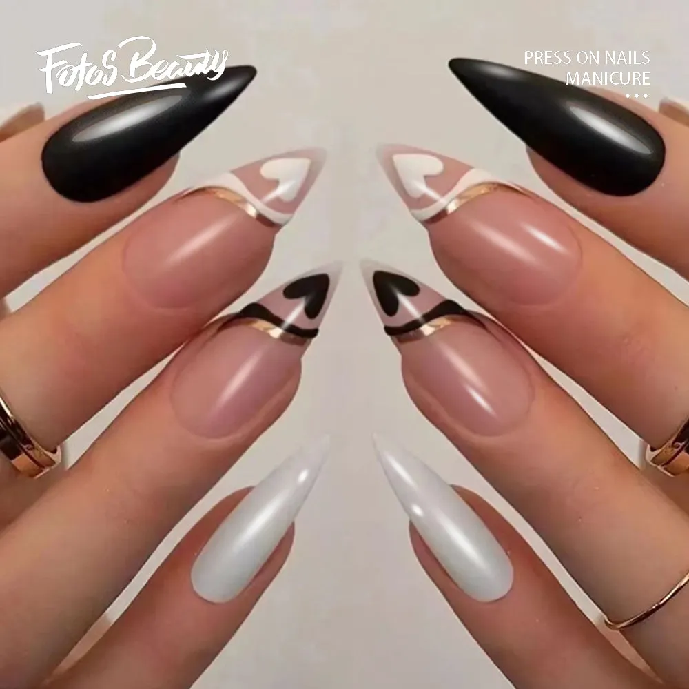 Almond black pink white love heart