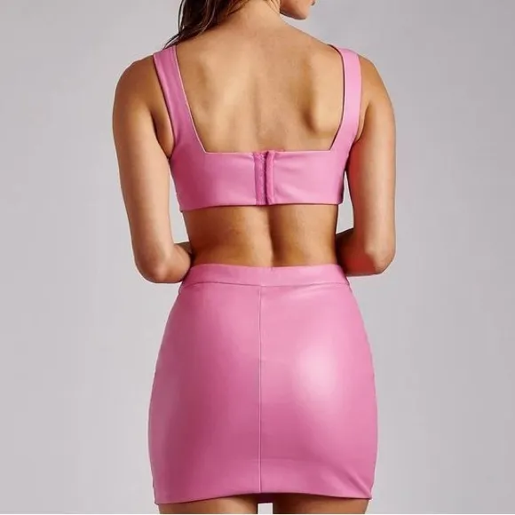 BARBIECORE going out party Pink Faux leather bralette &amp; matching skirt set sz XS