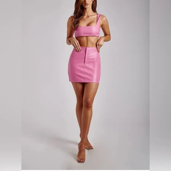 BARBIECORE going out party Pink Faux leather bralette &amp; matching skirt set sz XS