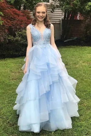 Beautiful Sweet A Line V Neck Sky Blue Ruffles Sleeveless Long Lace Prom Dress OHC408