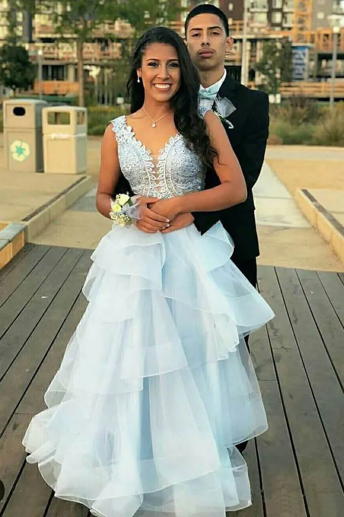 Beautiful Sweet A Line V Neck Sky Blue Ruffles Sleeveless Long Lace Prom Dress OHC408