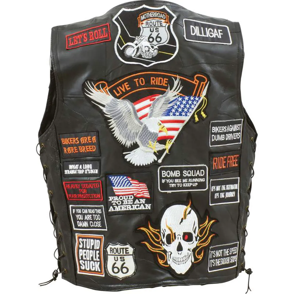 Biker Vest Lace-Up Buffalo Leather Motorcycle USA Flag Eagle w/ 42 Patches