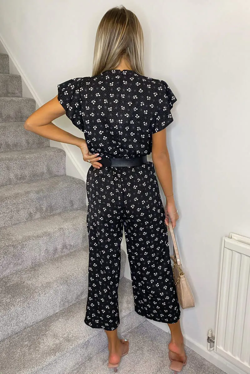 Black Ditsy Floral Wrap Over Jumpsuit
