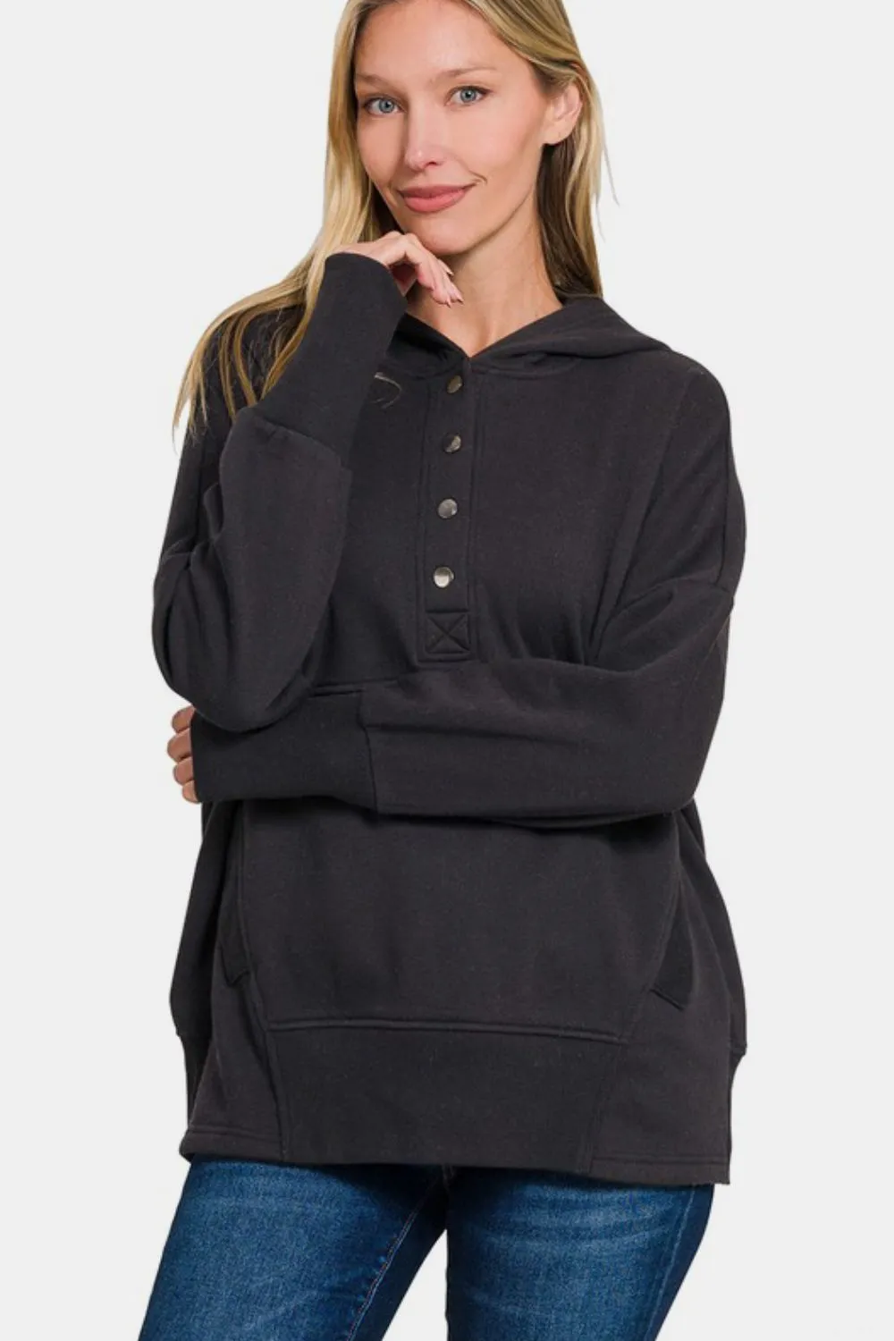 Black Half Snap Long Sleeve Hoodie with Kangaroo Pocket
