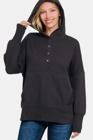 Black Half Snap Long Sleeve Hoodie with Kangaroo Pocket