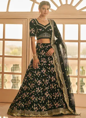 Black Multi Zari Embroidery Wedding Silk Lehenga