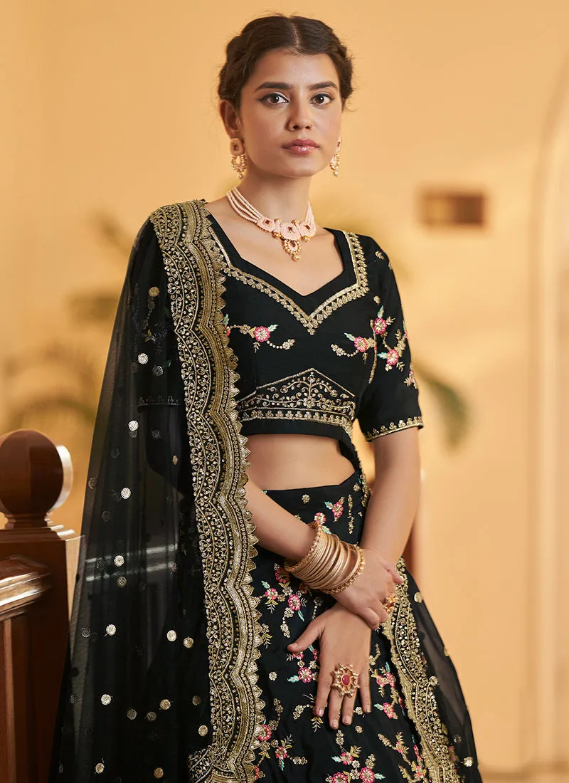 Black Multi Zari Embroidery Wedding Silk Lehenga
