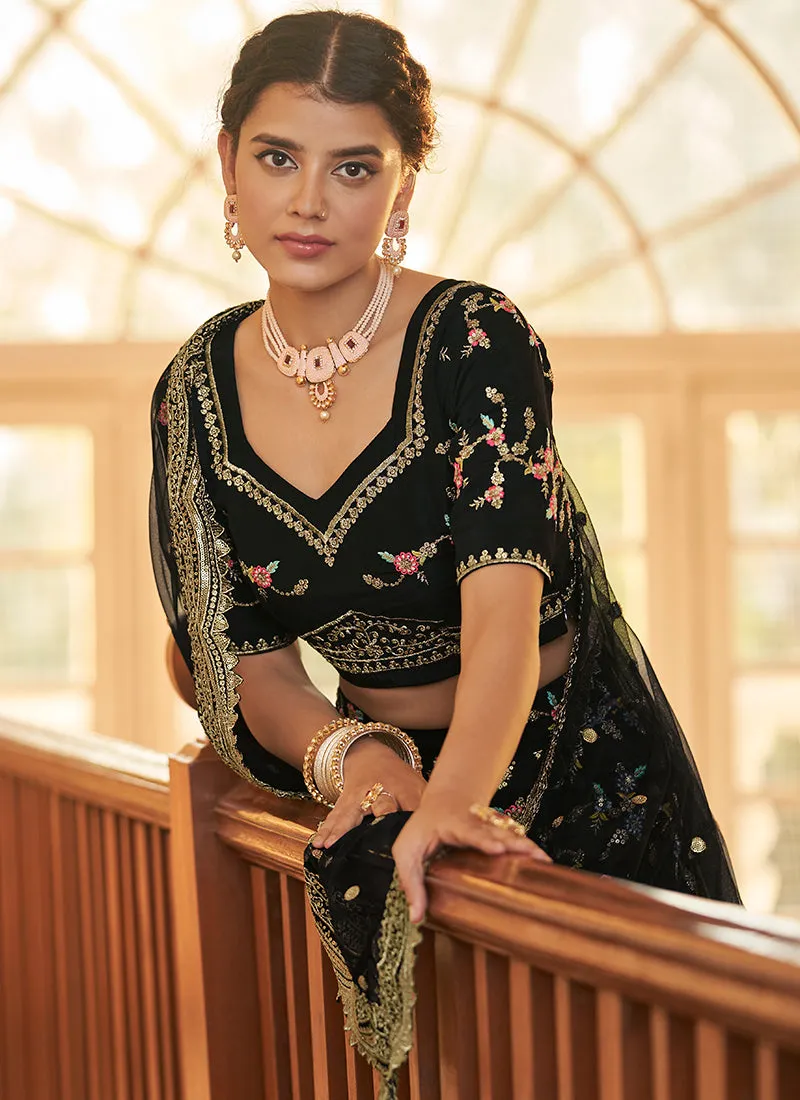 Black Multi Zari Embroidery Wedding Silk Lehenga