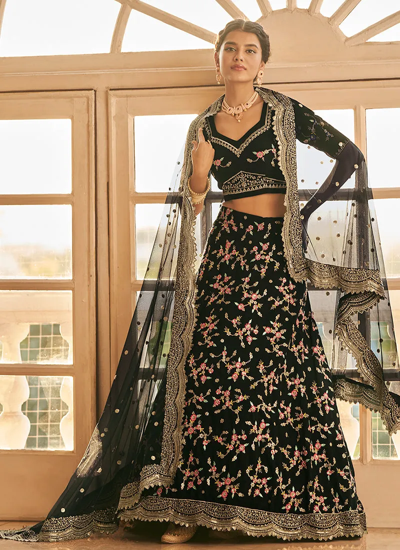 Black Multi Zari Embroidery Wedding Silk Lehenga