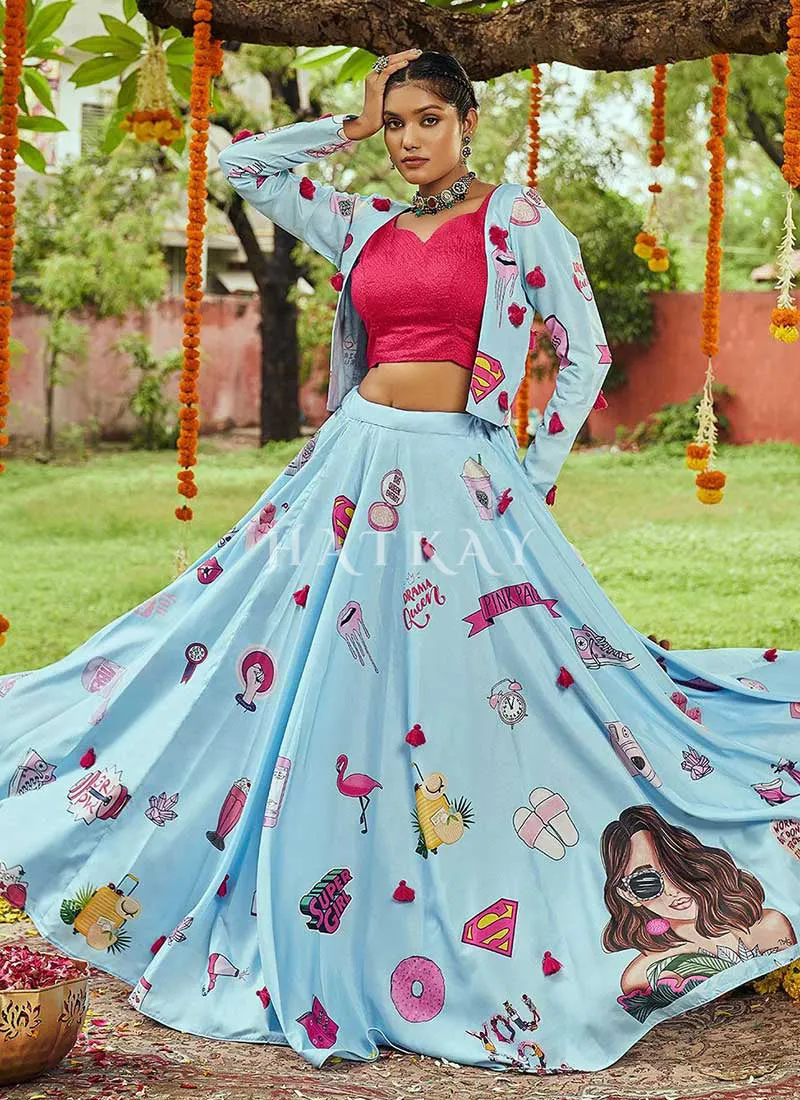 Blue And Pink Digital Embroidered Chaniya Choli With Jacket