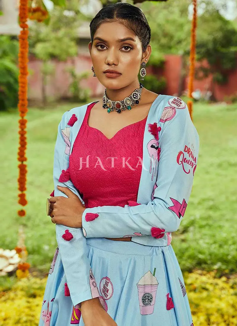 Blue And Pink Digital Embroidered Chaniya Choli With Jacket