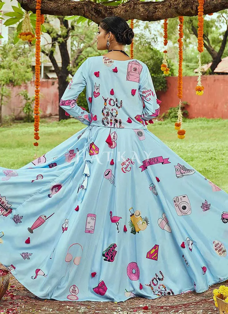 Blue And Pink Digital Embroidered Chaniya Choli With Jacket