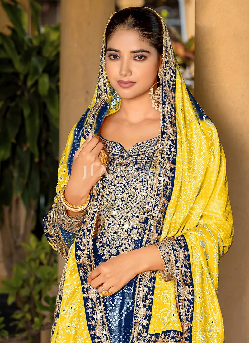 Blue And Yellow Mirror Work Printed Palazzo Suit