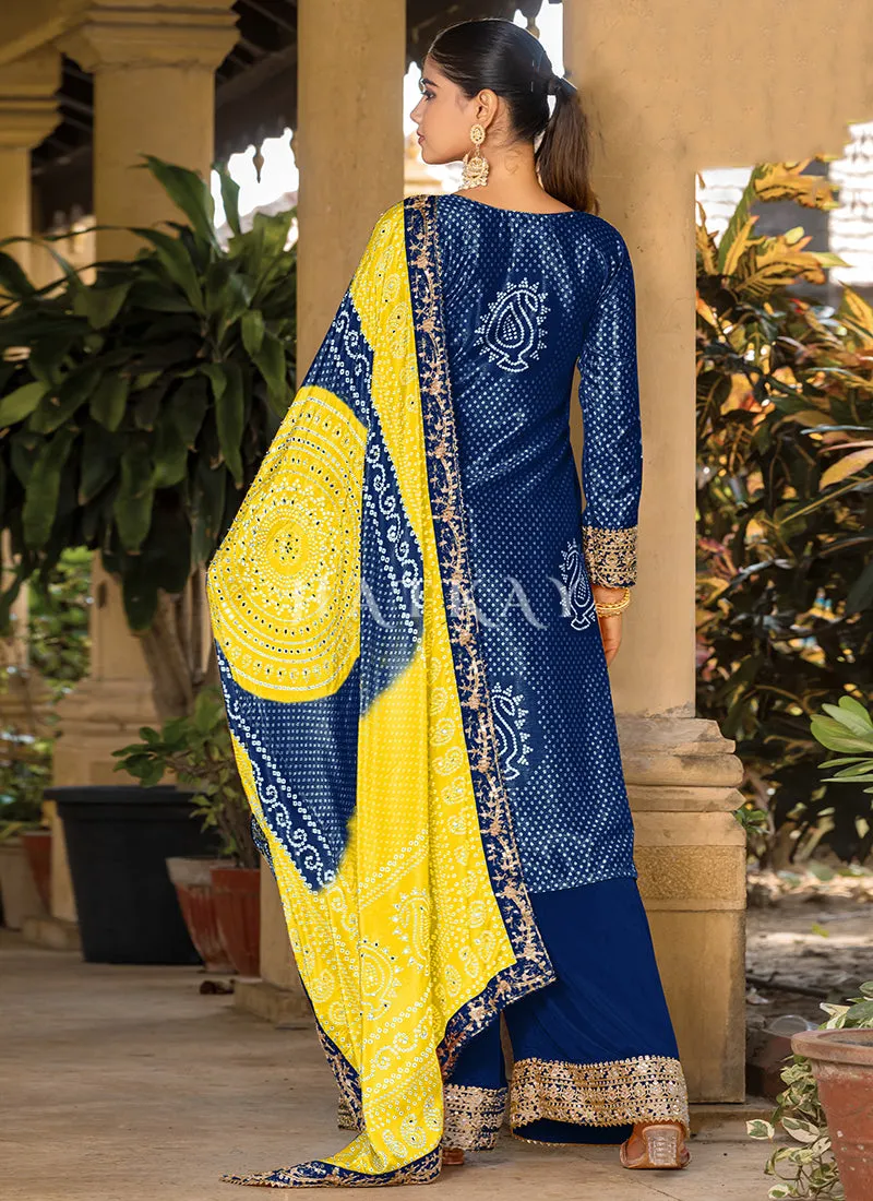 Blue And Yellow Mirror Work Printed Palazzo Suit