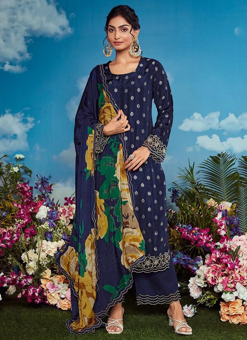 Blue Golden Embroidery Festive Salwar Kameez