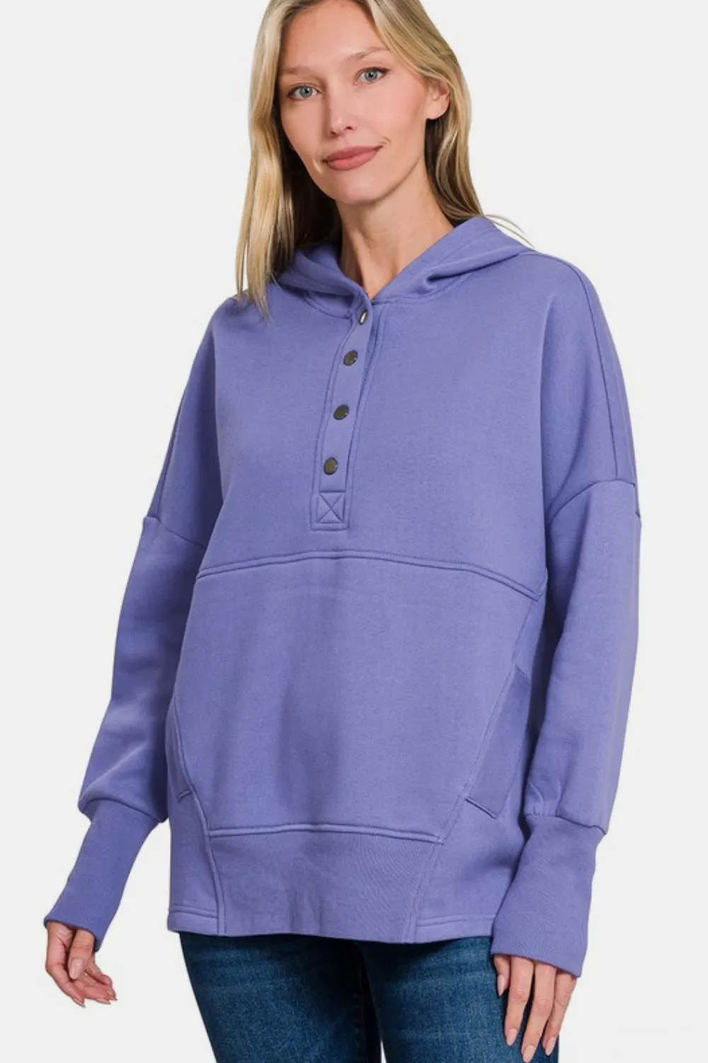 Blue Purple Half Snap Long Sleeve Hoodie with Kangaroo Pocket