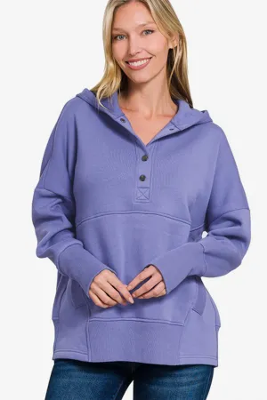 Blue Purple Half Snap Long Sleeve Hoodie with Kangaroo Pocket