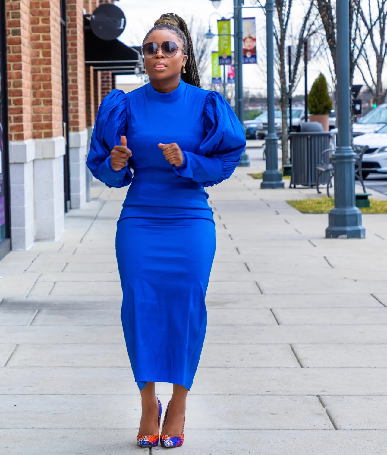 Blue Round Neck High Waist Midi Dress