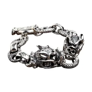 Boar Head 925 Sterling Silver Men's Biker Bracelet