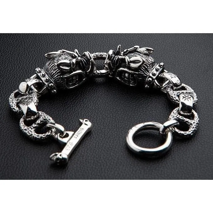 Boar Head 925 Sterling Silver Men's Biker Bracelet