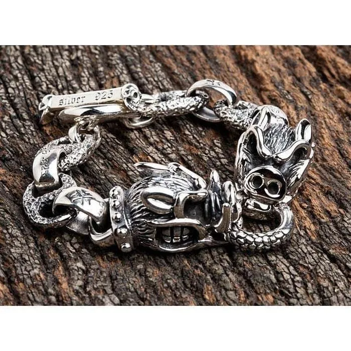 Boar Head 925 Sterling Silver Men's Biker Bracelet