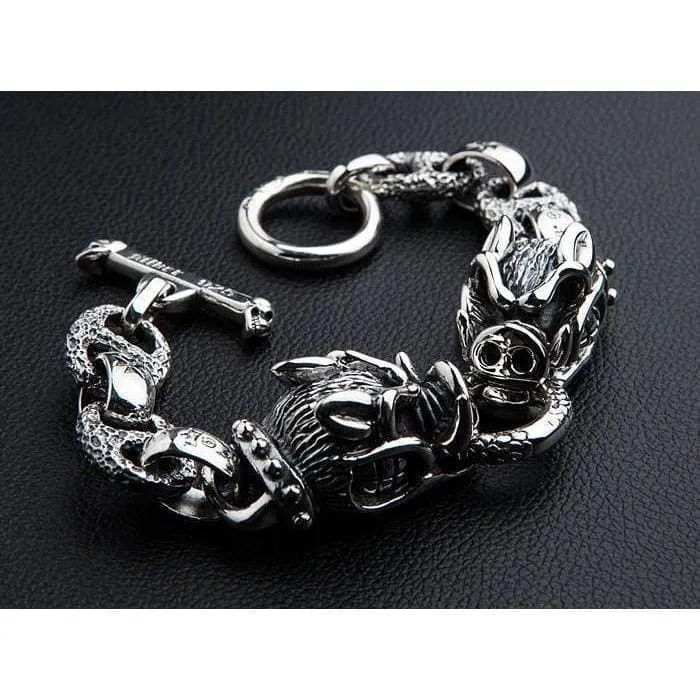 Boar Head 925 Sterling Silver Men's Biker Bracelet