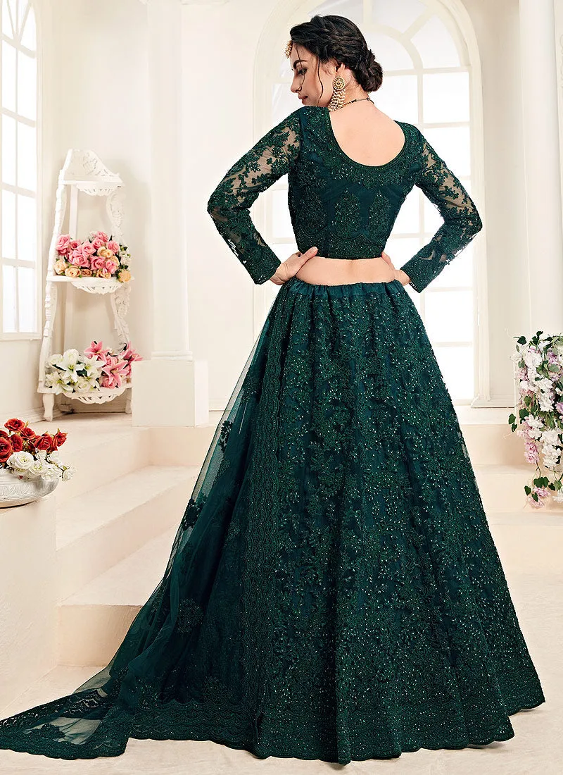 Bottle Green Pearl Embroidered Wedding Lehenga Choli