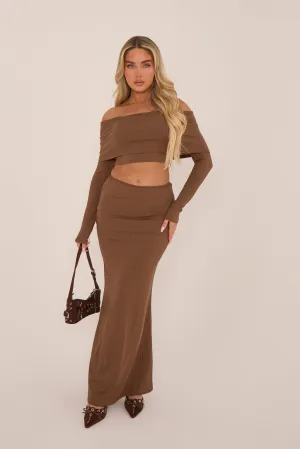 Brown Knit Fold Down Bardot Maxi Skirt Set - Beatrix