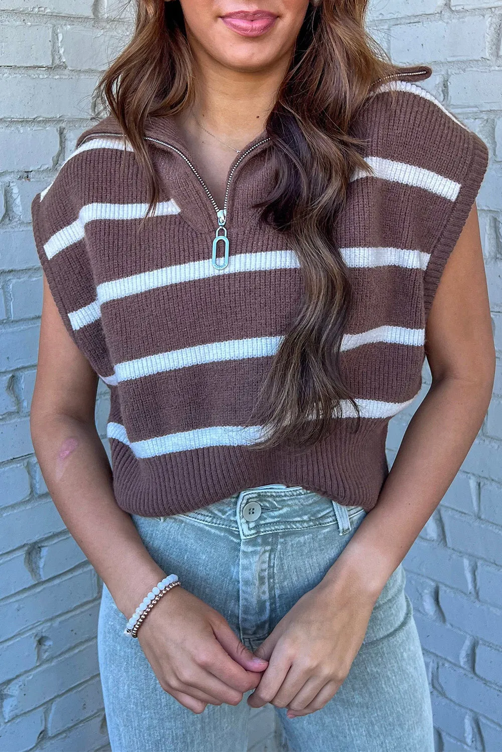 Brown Stripe Zipped Collar Cap Sleeve Knit Top