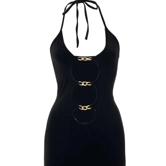 Chain Cut-Out Front Halter Bodycon Dress​​​​​​​​​​