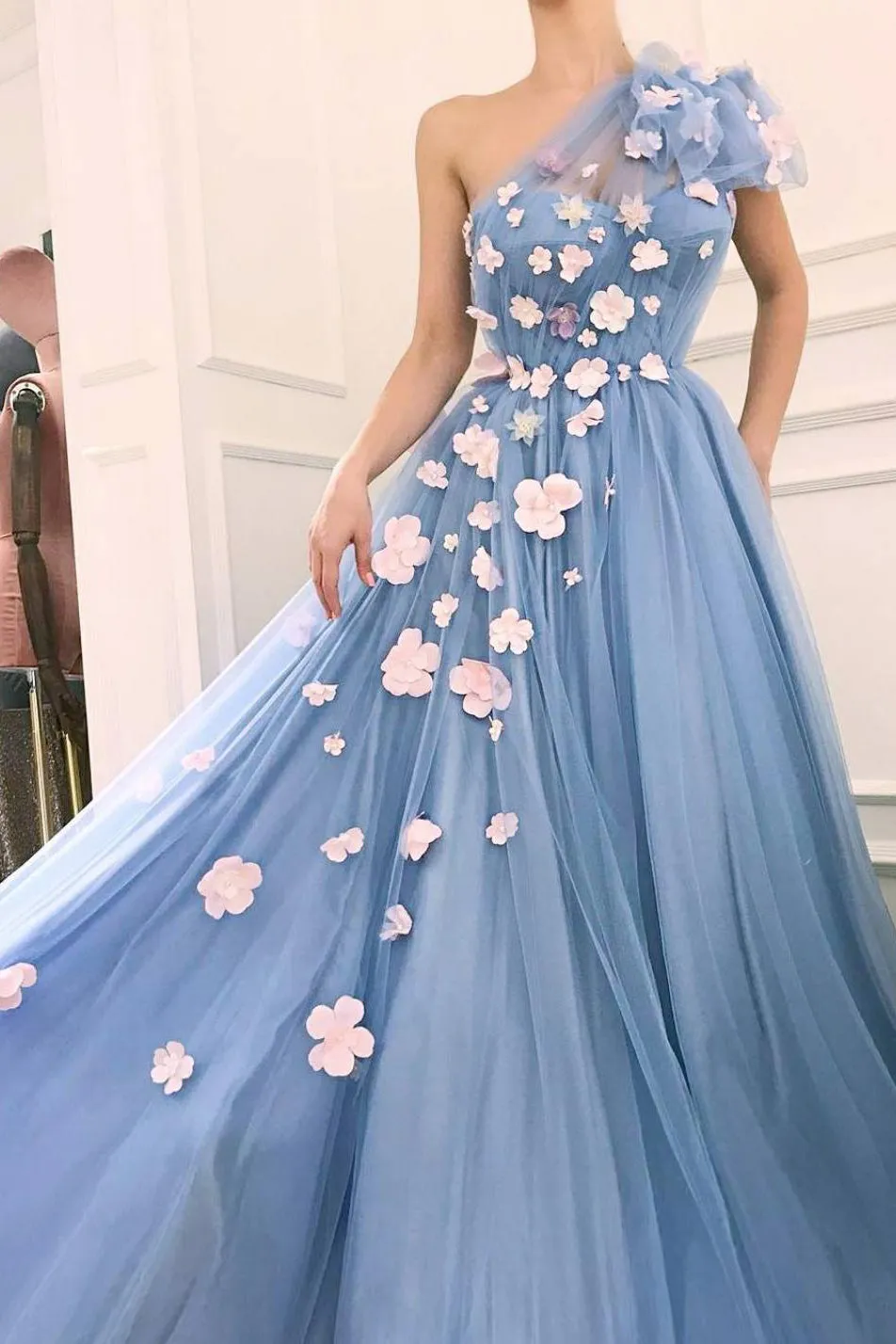 Cheap A Line One Shoulder Sleeveless Hand-Made Flower Long Tulle Prom Dress OHC236