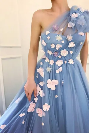 Cheap A Line One Shoulder Sleeveless Hand-Made Flower Long Tulle Prom Dress OHC236