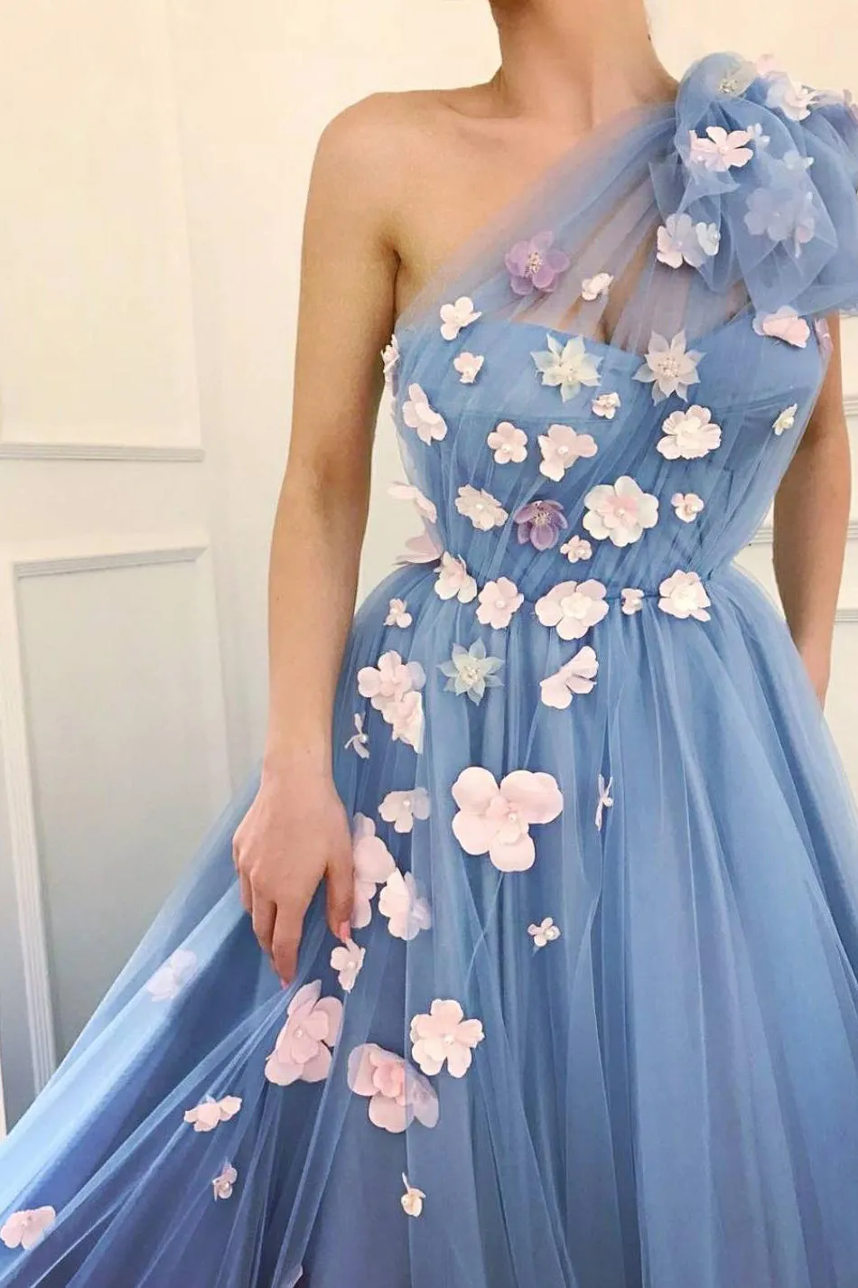 Cheap A Line One Shoulder Sleeveless Hand-Made Flower Long Tulle Prom Dress OHC236