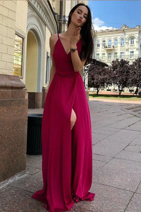 Cheap Prom Dresses A Line Spaghetti Straps Deep V Neck Sleeveless Slit Long Chiffon Prom Dress OHC312