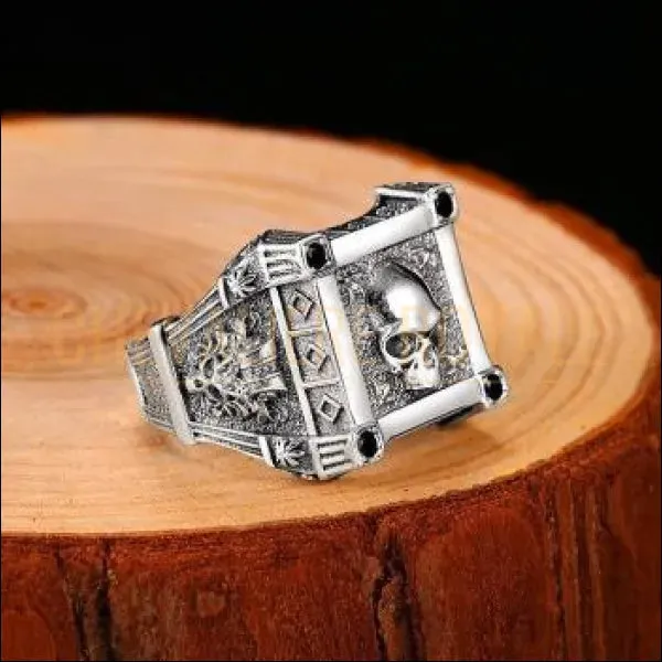 Chevalière homme en argent relief de crâne taille ajustable 3D