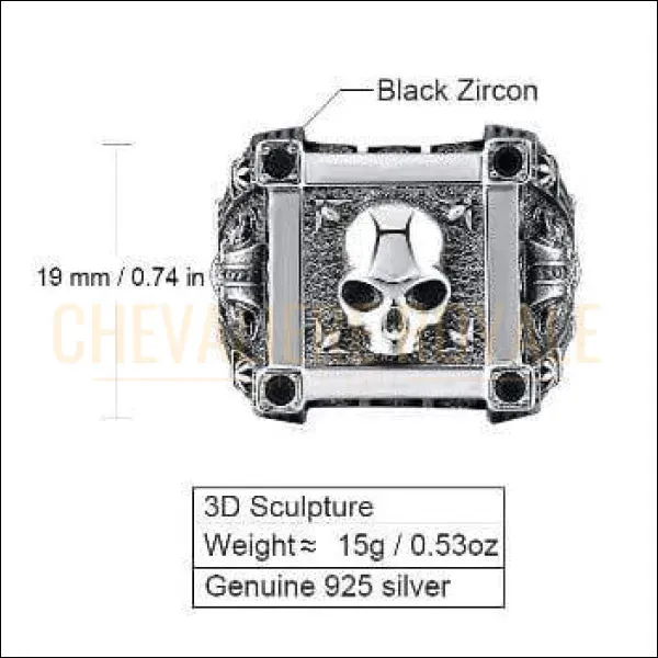 Chevalière homme en argent relief de crâne taille ajustable 3D