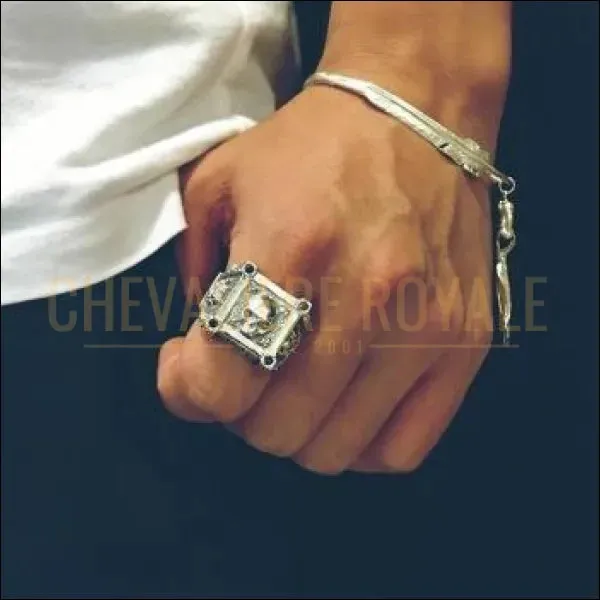 Chevalière homme en argent relief de crâne taille ajustable 3D