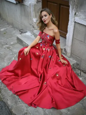 Chic A-line Off-the-shoulder Embroidery Long Burgundy Satin Prom Dresses/Evening Dress OHC285